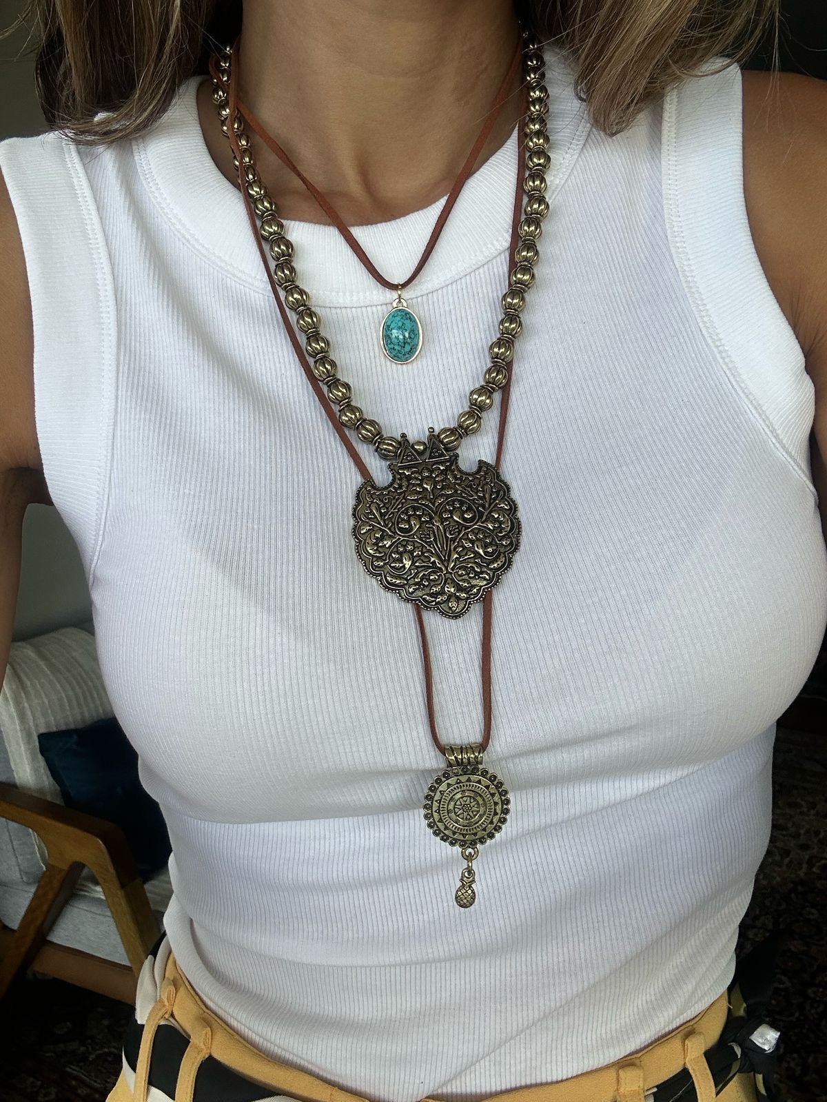 Collar hilo de cuero dos vueltas Turquesa